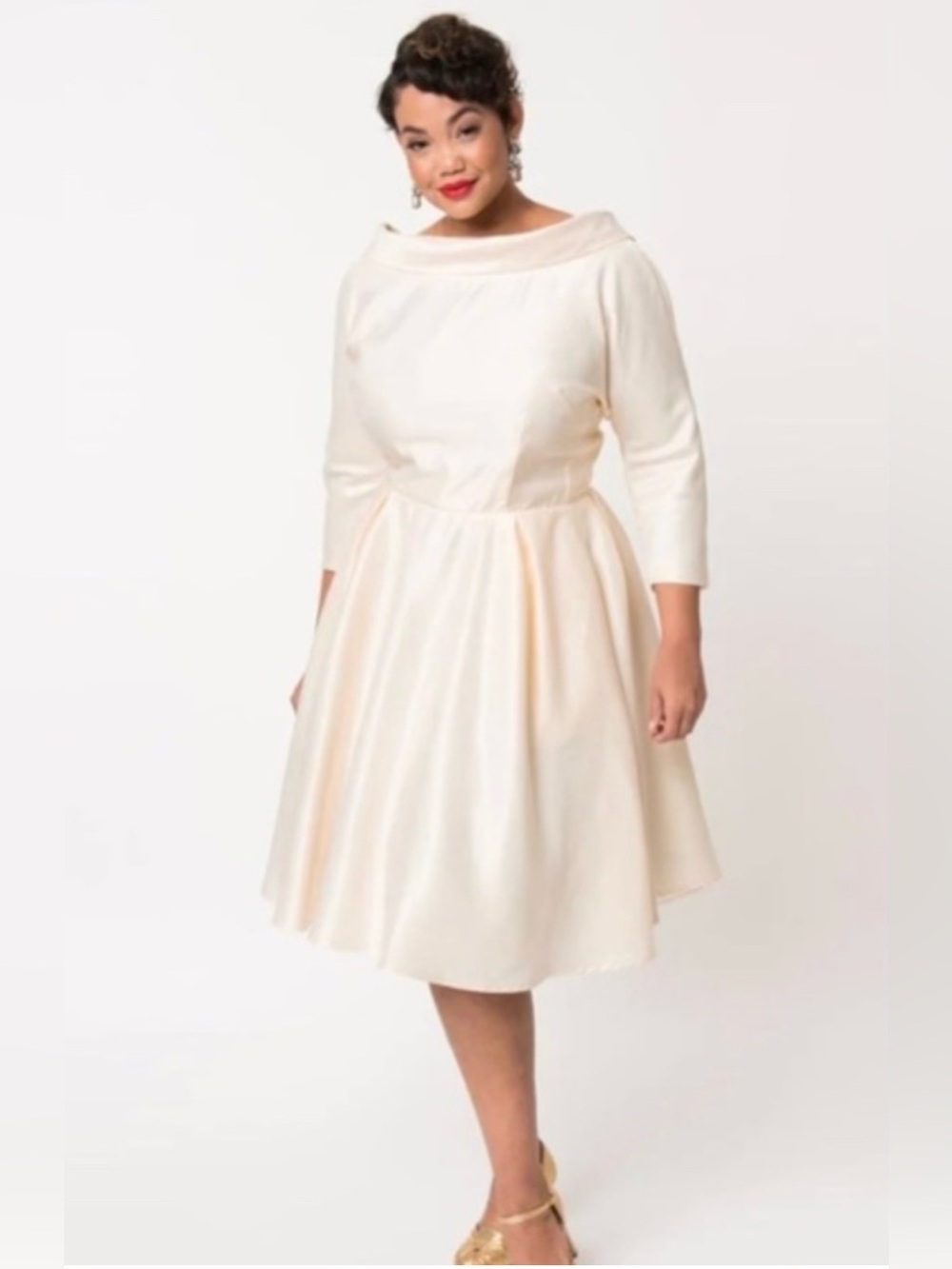 NWT Unique Vintage Cream Satin Fit-and-Flare Boatneck Dress
